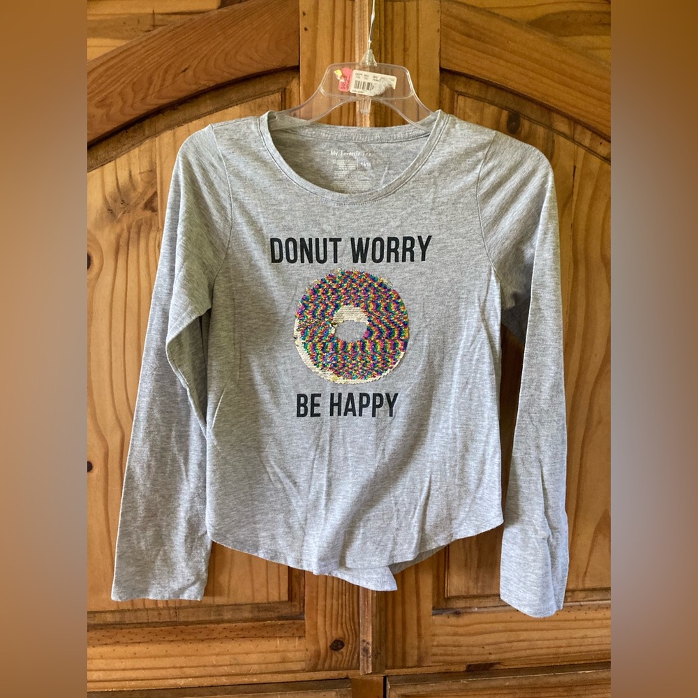 Girls My Favorite Tee gray silver sequins donut long sleeve t-shirt - size 14/16
